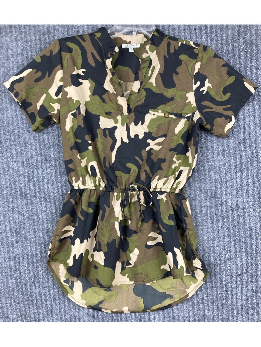 Milage Womens Size Medium Camo Short Sleeve Cinch Waist V-Neck Tunic Top Shirt